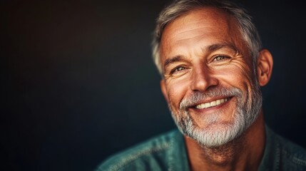 A man with a beard and gray hair is smiling. He is wearing a green shirt. Concept of happiness and contentment