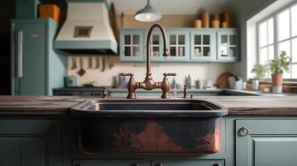 Rustic copper farmhouse kitchen sink and faucet