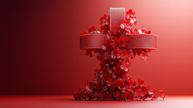 A textured red cross adorned with small vibrant red flowers, set against a deep red background, creates an artistic, bold, and visually striking centerpiece design.
