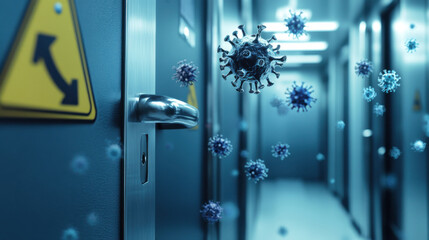 High-Resolution Image of Virus Particles Floating in a Hospital Corridor with Caution Signs, Emphasizing Healthcare Challenges and Infection Control Measures