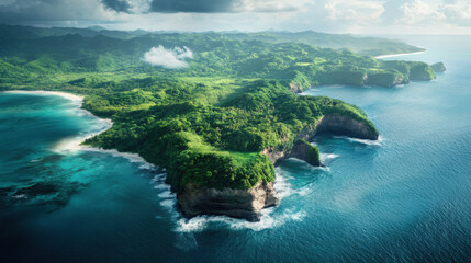 Fototapeta premium Aerial View of Lush Green Island Landscape with Rocky Cliffs and Crystal Clear Waters, Showcasing Vibrant Nature and Serene Coastal Beauty Under Dramatic Sky
