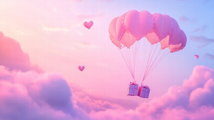 Fototapeta premium A Box flying on a parachute with pink cloud in valentine day,package flying down from sky and cloud with parachute, concept for delivery service,shopping online,air delivery service.