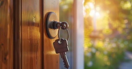 Sunlit key in door lock, symbolizing new beginnings and opportunities.