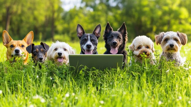 Adorable Dogs Using Laptop in a Lush Green Park