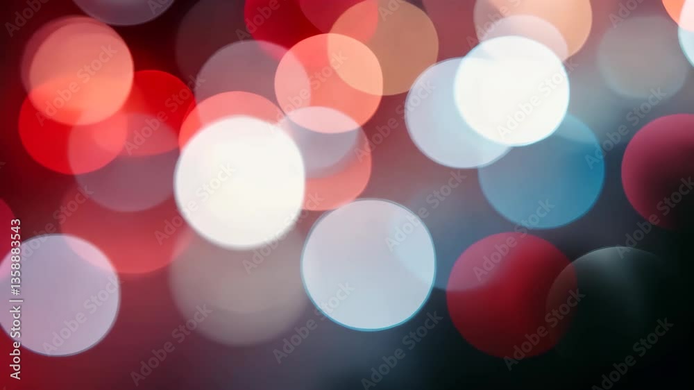 Wall mural blurred bokeh of white red and blue circles on dark background creating a dreamy and atmospheric moo