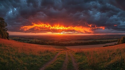 Obraz premium Autumn Sunset Panorama with Orange and Dark Stormy Clouds, Creating a Beautiful Backdrop -