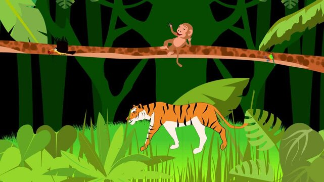 Tiger walks in jungle monkey looks at hom from above cartoon animation scene