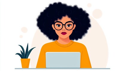 Creative young woman working on laptop home office digital illustration bright and modern environment engaging viewpoint remote work concept