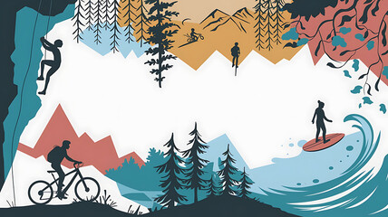 Outdoor adventure activities diverse landscapes minimalist style