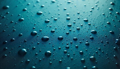 Water droplets on a surface in a cool-toned abstract background  