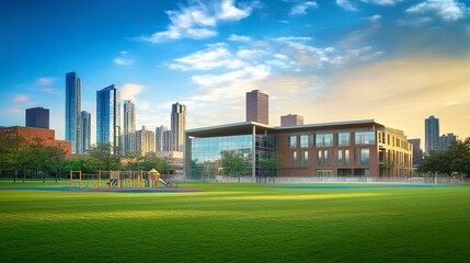 Obraz premium A modern academic building combining innovative design and functionality, featuring a playground and athletic field, with a softly blurred urban cityscape behind. 