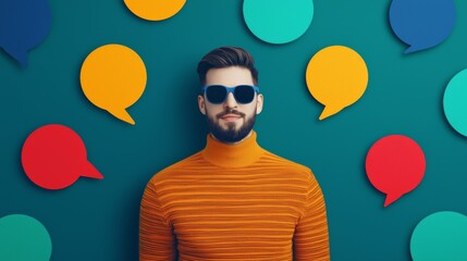 Stylish man posing against colorful speech bubbles urban setting portrait photography vibrant environment close-up view expression of communication