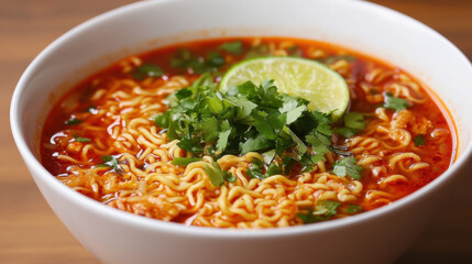 Delicious and Aromatic Bowl of Spicy Noodle Soup with Fresh Herbs and Lime Garnish, Ideal for Comfort Food Lovers and Culinary Inspiration