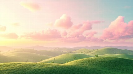 Obraz premium illustration of Summer fields landscape with a dawn,Rainbow, green grass hills, bright color blue sky, country background,banner resting vacation.