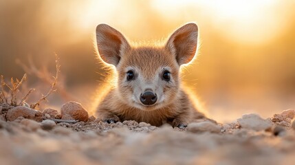 A plump baby wallaby rests on the ground, adorned in a soft fur coat while the sunlight gently illuminates its round features, creating an atmosphere of tranquility and innocence.