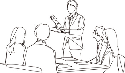 ミーティングのビジネスシーンの線画イラスト