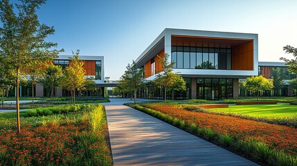 A modern college campus with sleek educational buildings, clean lines, and expansive green spaces, illuminated by the warm sunlight of a clear day. 
