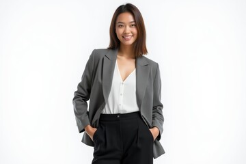 Obraz premium Half-Length (Waist-Up) portrait of young stylish smiling Marshallese female model in business wear isolated on pure white background looking at camera