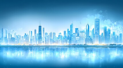 Fototapeta premium Illuminated City Skyline Reflected in Water with Modern Skyscrapers Against a Blue Night Sky