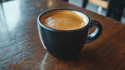 Black coffee in a matte black cup, resting on a dark wooden table, warm and inviting