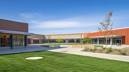 A modern educational facility with a spacious courtyard at its center, bordered by buildings with sleek facades, including glass panels and metal trims, designed for collaborative activities.  