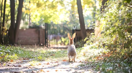 Rabbit Exploring a Lush Forest Pathway Under Soft Sunlight in Autumn Season