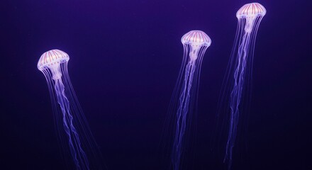 Three Elegant Purple Jellyfish Swimming in Dark Ocean Waters