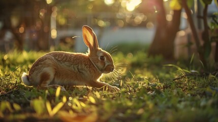 Obraz premium Rabbit stretching its paws in the early morning light greeting the sunrise