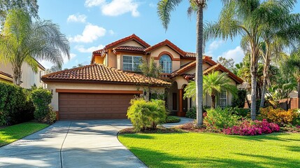 Beautiful Family Home for Sale in Lush Neighborhood with Palm Trees, Flowers, and Spacious Outdoor Areas 