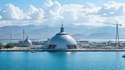 Obraz premium A modern architectural structure by the water, surrounded by mountains and clouds, showcasing a blend of nature and design.