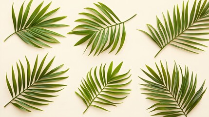 Arrangement of Green Tropical Leaves on a Soft Beige Background Creating a Fresh Botanical Vibe
