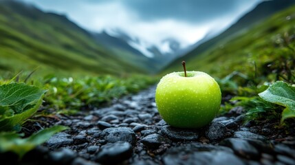 A fresh green apple glimmers in a mountain valley, signifying hope and vitality, while beautifully contrasting nature's timeless beauty captured in this serene landscape.