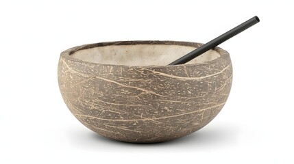 Modern Ceramic Bowl with Textured Surface and Black Spoon on Isolated Background