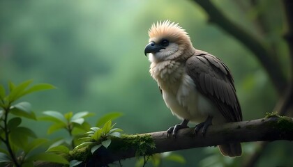 Calm Forest Bird Close Up With Blue Plumage And Misty Background Of Green Leaves
