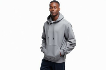 Fototapeta premium Half-Length (Waist-Up) portrait of young stylish smiling Mauritanian male model in sporty wear isolated on pure white background looking at camera