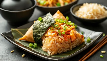 Asian Rice Dish with Kimchi & Seaweed on Table for Healthy Eating or Restaurant
