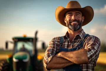 A man in a cowboy hat and plaid shirt is smiling and posing for a picture. He is standing in front of a tractor, which is also smiling. The scene has a happy and friendly atmosphere