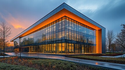 Obraz premium A modern school with striking angular facades, expansive glass walls, and a creative design that emphasizes functionality and aesthetic appeal. 