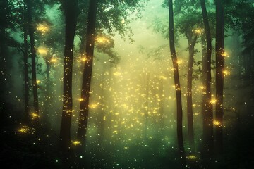 Fototapeta premium A dreamy forest drowning in luminescent fireflies, their glow creating soft green and gold patterns against the trees.