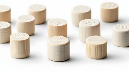 Collection of Natural Wooden Objects with Unique Textures Arranged on a White Background
