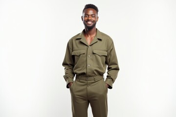 Obraz premium Half-Length (Waist-Up) portrait of young stylish smiling Mauritanian male model in military wear isolated on pure white background looking at camera