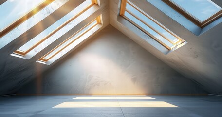 Obraz premium Sunlit attic interior with wooden skylights and minimalist design.