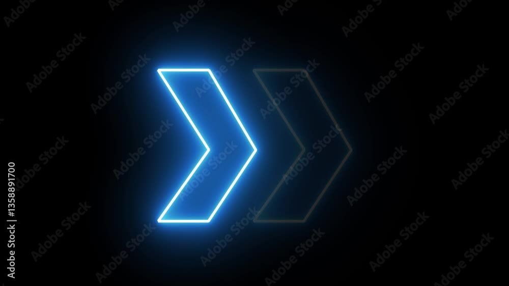 Poster glowing neon blue arrow right direction icon. abstract neon flashing light arrow loading animation. 