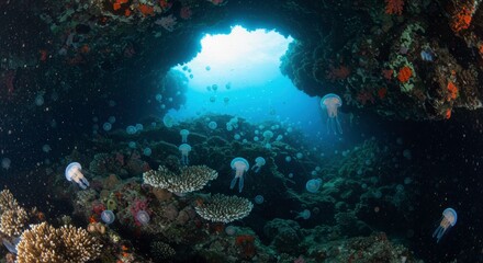 Fototapeta premium Underwater Cave Scene Numerous Jellyfish Swim Through Coral Reef in Ocean