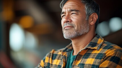 Obraz premium A man with a beard and gray hair is wearing a plaid shirt and looking off into the distance