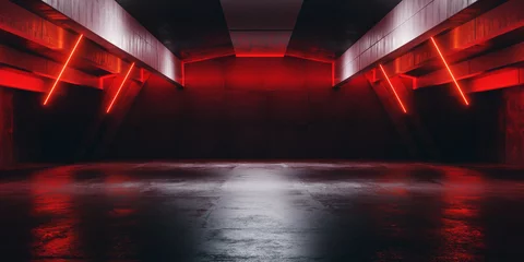 Sci Fi Futuristic Neon Triangle Laser Bolts Electric Cyber Glowing Bunker Red Lights Stage Garage Hangar Hallway Corridor Tunnel Cement Concrete Grunge Basement Club 3D Rendering © IM_VISUALS