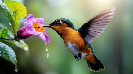 Fototapeta premium A delightful hummingbird is seen feeding on a bright pink flower, with morning dew glistening on its petals, encapsulating the beauty of nature and the tranquility of life.
