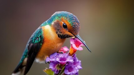 Fototapeta premium A vibrant hummingbird feeds on a purple flower, showcasing nature’s beauty and intricacy, with bright colors contrasting against a soft background.