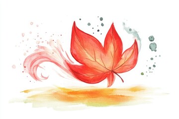 Fototapeta premium A vibrant watercolor painting of a red maple leaf, swirling with colorful splashes, evoking the beauty of autumn.