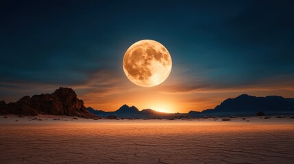 A serene full moon sets behind rolling hills, casting a warm orange glow over the land and showcasing the calm beauty of nature at dusk, inviting tranquility.